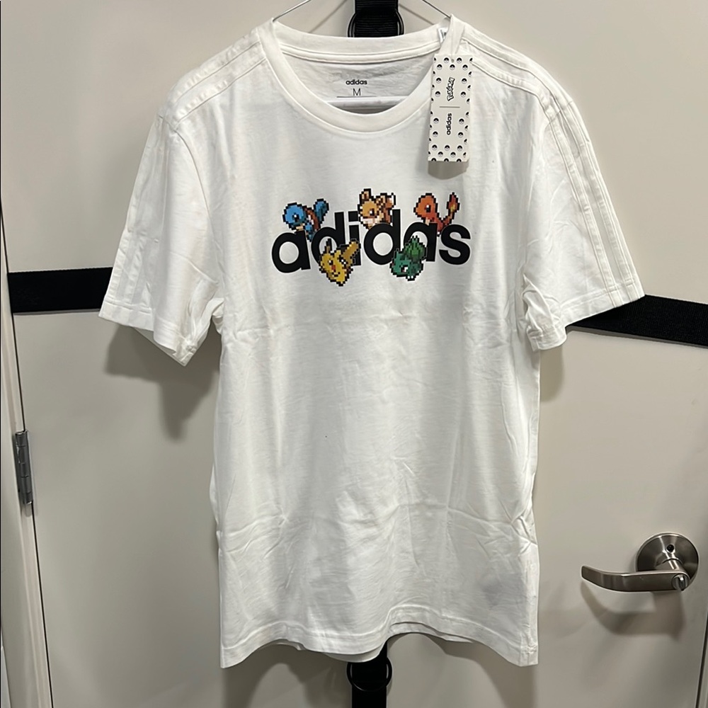 Adidas White T-Shirt with Colorful Pokemon Pixel Art